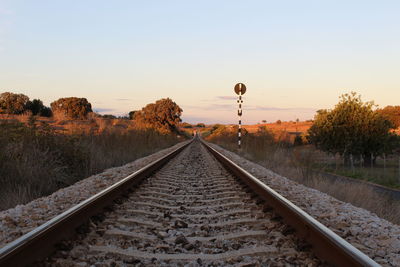 Railroad track amidst trees against clear sky