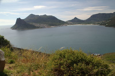 Scenic view of sea and mountains against sky