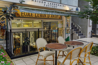 Empty chairs and tables at sidewalk cafe against building