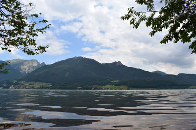 Scenic view of lake and mountains against sky