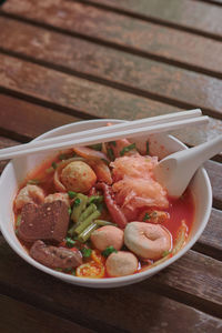 High angle view of food in bowl on table