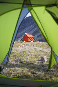 View of emergency shelter through tent door.