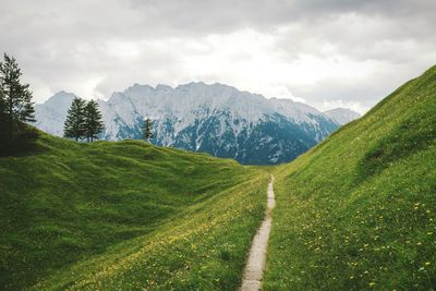 Scenic view of grassy field against cloudy sky