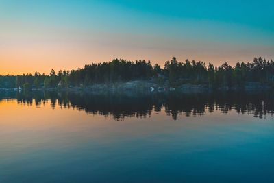 Scenic view of lake against sky at sunset