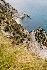 High angle view of rocks on sea shore