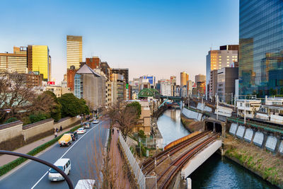 Panoramic view of river and cityscape against clear sky