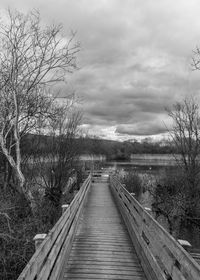 Footbridge amidst trees against sky