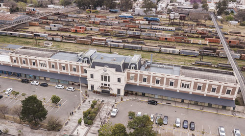 High angle view of train in city