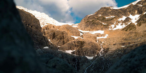 Panoramic view of snowcapped mountains against sky