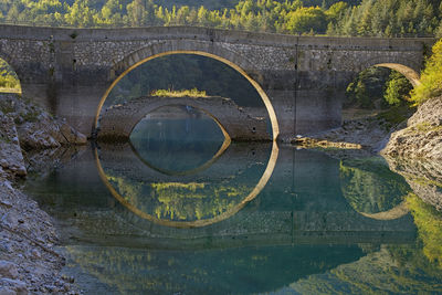 Reflection of arch bridge on river