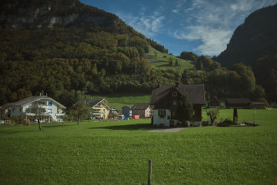 Houses and trees on field against sky