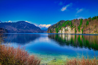 Scenic view of lake against blue sky