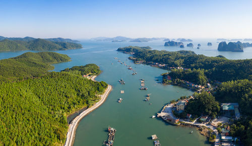 High angle view of bay against sky