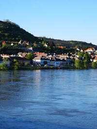 Scenic view of river by town against clear blue sky