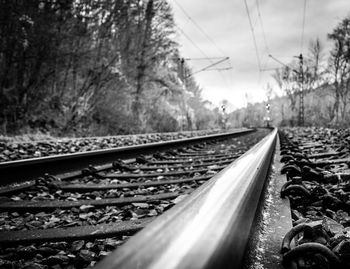 Close-up of railway tracks against trees