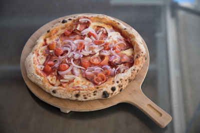 High angle view of pizza on table