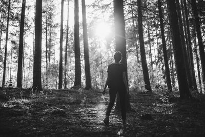 Man standing by trees in forest