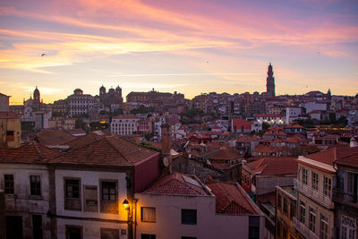 High angle view of townscape against sky during sunset