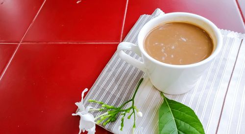 High angle view of coffee on table