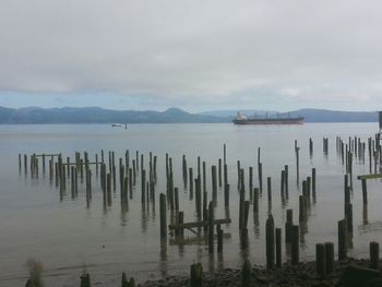 Wooden posts in lake against sky