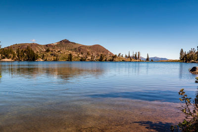 Scenic view of lake against clear blue sky