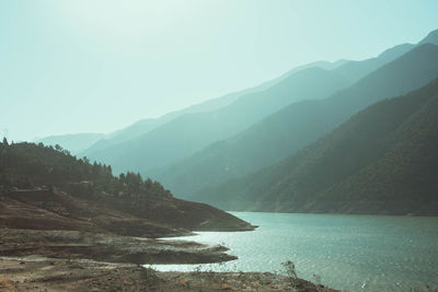 Scenic view of lake and mountains against sky