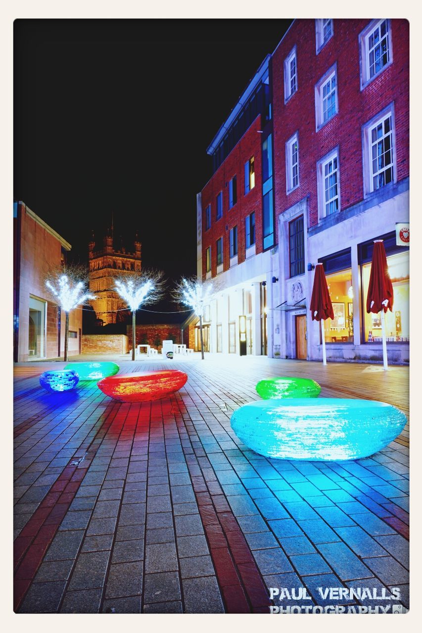 architecture, transfer print, built structure, building exterior, auto post production filter, illuminated, water, table, empty, chair, night, absence, blue, restaurant, swimming pool, city, potted plant, incidental people, no people, reflection