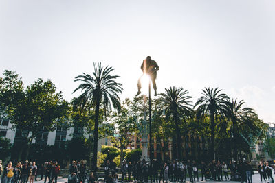 Low angle view of people on palm trees against clear sky