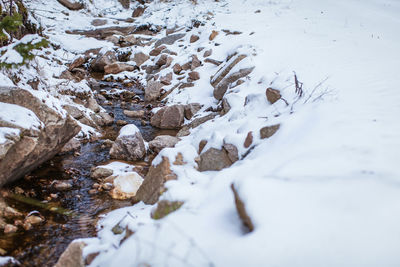High angle view of rocks on field during winter