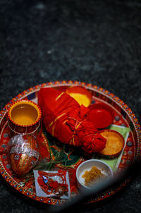 High angle view of food in plate on table