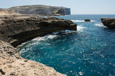 Scenic view of sea against clear blue sky