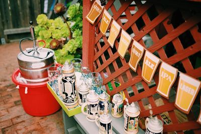 High angle view of various objects on table