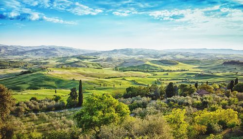 High angle view of green landscape against sky