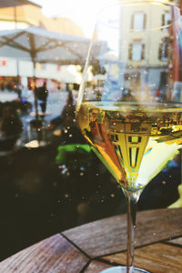 Close-up of beer glass on table