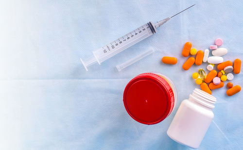 High angle view of medical supplies on table