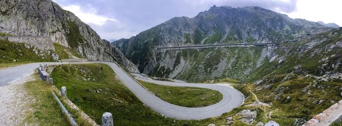 High angle view of road amidst mountains against sky