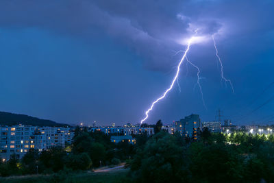 High angle view of illuminated cityscape against sky
