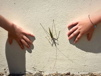 Midsection of person holding hands against wall