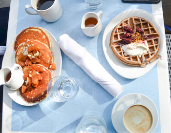 High angle view of breakfast on table