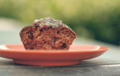 Close-up of cake in plate on table