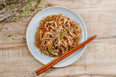 High angle view of noodles in bowl on table