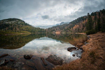 Scenic view of lake by mountains against sky