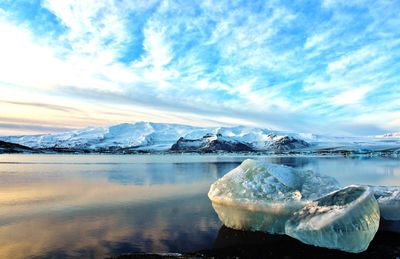 Scenic view of snowcapped mountains by lagoon against cloudy sky