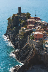 High angle view of fort by sea