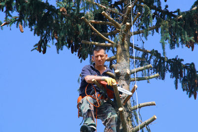 Low angle view of man cutting tree branch with handsaw