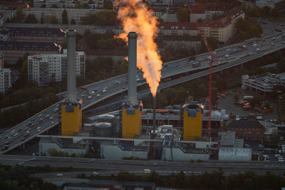 High angle view of fire in city