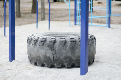 Close-up of blue tire in row