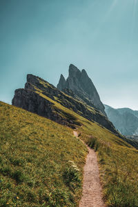 Hiking trails in the dolomites in south tyrol.italy. hiking trails to the top of the seceda.