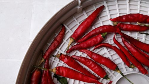 High angle view of red chili peppers on table