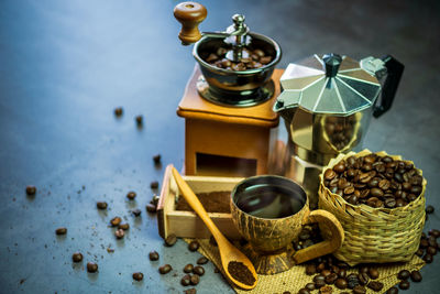 High angle view of coffee in basket on table